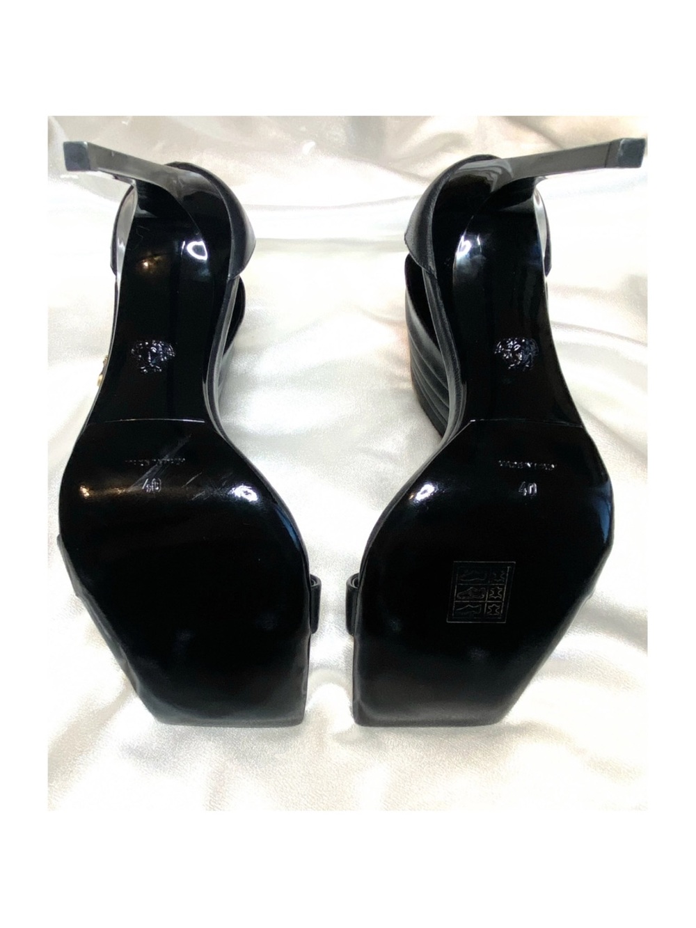 Versace Black Patent Stiletto Sandals with Ankle Strap